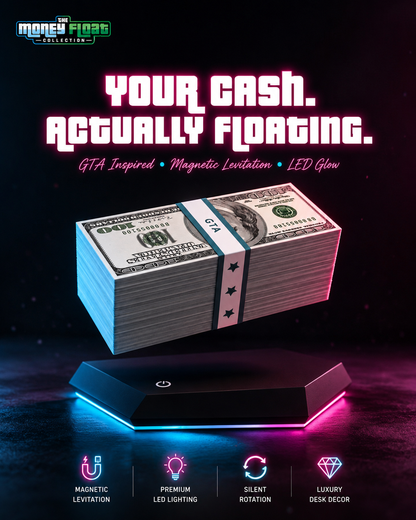 Floating GTA Cash Lamp hero shot — levitating money stack glowing above its magnetic base with pink and cyan neon LED lighting, premium GTA-inspired gaming desk decor