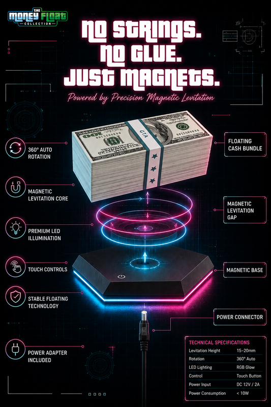 Exploded technical diagram of the GTA Cash Lamp showing the magnetic levitation core, floating cash bundle, magnetic base and LED components with glowing energy rings