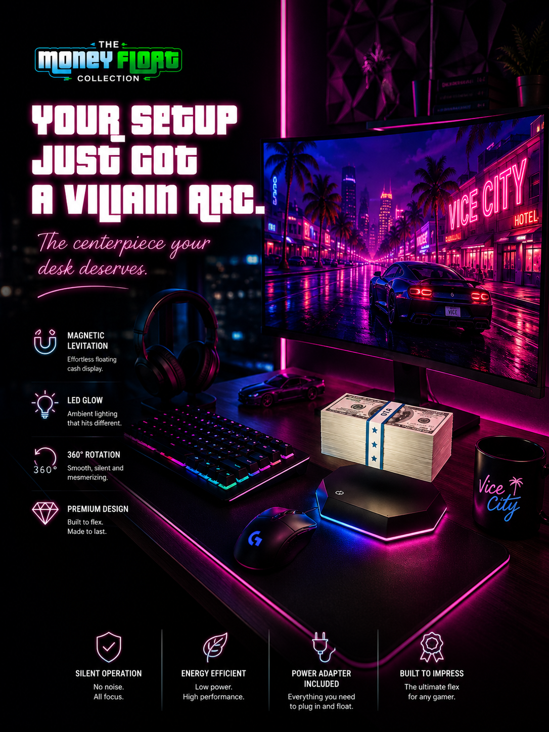 Size comparison of the GTA Cash Lamp next to a PS5 controller, mechanical keyboard, coffee mug and gaming mouse showing scale on a desk