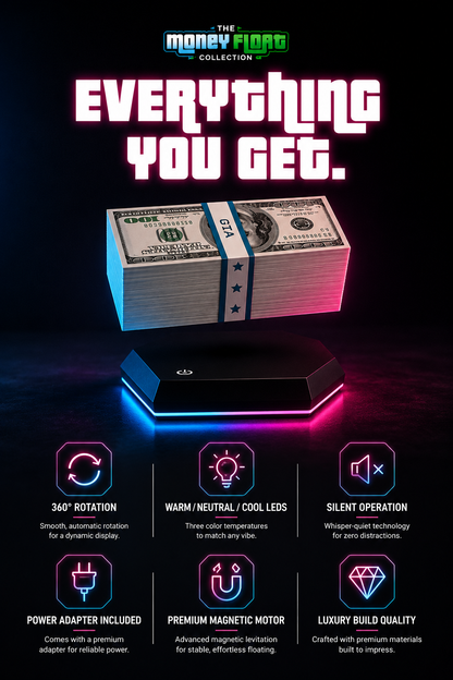 GTA Cash Lamp glowing beside an ultrawide monitor in a nighttime cyberpunk gaming room setup with RGB keyboard and ambient lighting