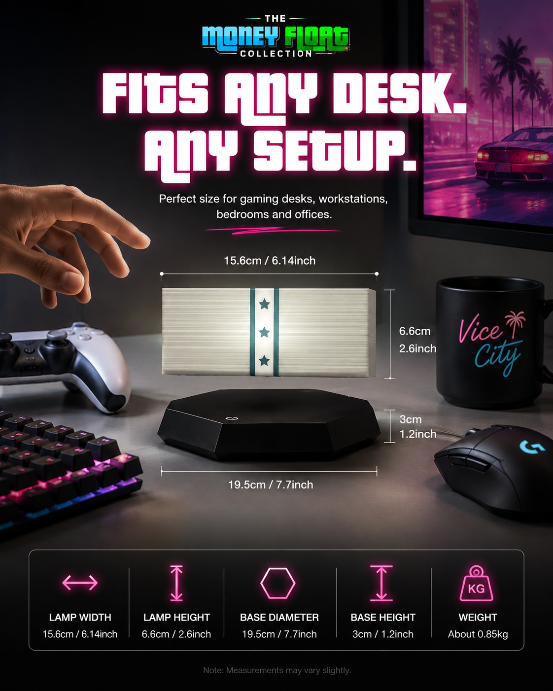 Feature grid graphic for the GTA Cash Lamp showing 360-degree rotation, adjustable LED colors, silent operation and premium magnetic motor icons