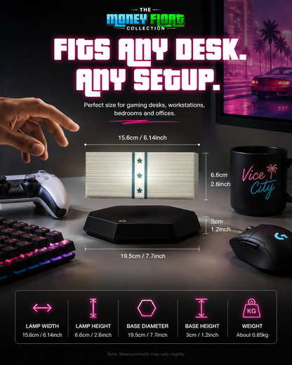 Feature grid graphic for the GTA Cash Lamp showing 360-degree rotation, adjustable LED colors, silent operation and premium magnetic motor icons