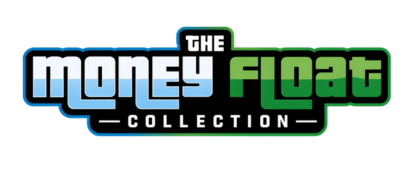 The Money Float Collection logo on a white background, featuring stylized text with blue, white, and green gradient lettering and a black outline.